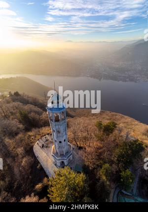 Aerial drone view of Faro Voltiano, Brunate, Lake Como, Lombardy, Italy Stock Photo