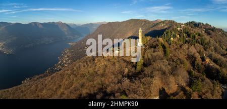 Aerial panoramic drone view of Faro Voltiano, Brunate, Lake Como, Lombardy, Italy Stock Photo
