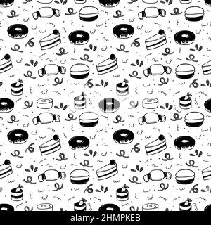 Seamless pattern on whitet with cake, croissant, macaroon, donut and cinnamon roll. Stock Vector