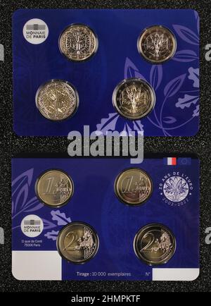 France, january 2022, the new national side of the French 1 and 2 euro coins, official packaging of the mint of France Stock Photo