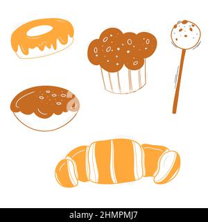 Bakery colored doodle set pattern with pastry. Cakes, donuts, buns and croissants. Stock Vector