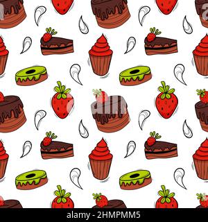 Bakery colored seamless pattern with pastry. Cakes, donuts, buns and strawberries. Stock Vector