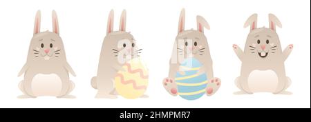 Set of cute Easter bunnies with eggs. Happy Easter. Stock Vector