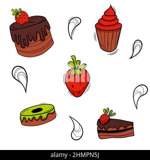 Bakery colored doodle set pattern with pastry. Cakes, donuts, buns and strawberry. Stock Vector