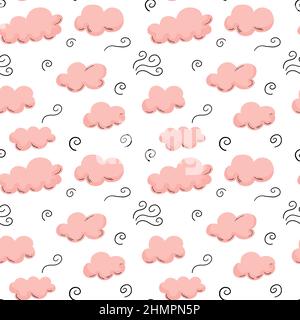 Pink doodle clouds seamless pattern with black outline swirls. Stock Vector