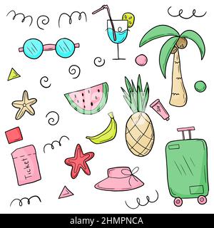 Doodle sketch style hand drawn set of travel summer vacation elements. Stock Vector