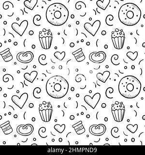 Seamless pattern on white with cake, croissant, macaroon, donut and cinnamon roll. Stock Vector