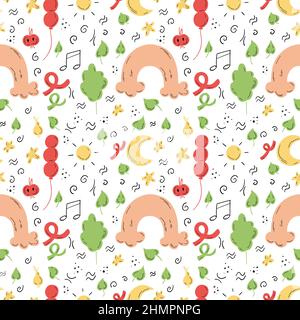 Doodle children seamless pattern with rainbow, leaves, clouds, moon and sun. Stock Vector