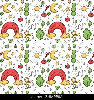 Doodle children seamless pattern with rainbow, leaves, clouds, moon and sun. Stock Vector