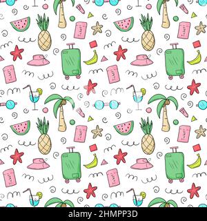 Doodle sketch style hand drawn set of travel summer vacation elements seamless pattern. Stock Vector