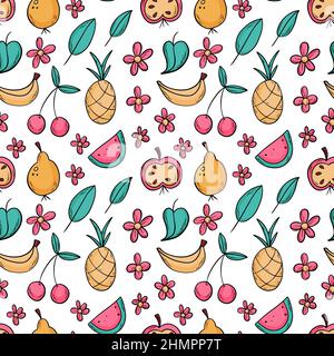 Doodle style fruits seamless pattern with pineapple, apple, pear, watermelon, banana, cherry with black outline. Stock Vector