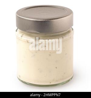 Yoghurt and garlic sauce with chives in a jar isolated on white. Stock Photo