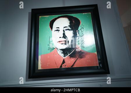 Madrid, Spain. 11th Feb, 2022. View of a painting of Mao at Palacio de Santa Bárbara, during the exhibition.The exhibition by Next Exhibition Company, takes a historical and professional tour of the artist Andy Warhol, a journey through America in the 50s, 60s and 70s. With the participation of Art Motors and the support of the Italian Chamber of Commerce, the exhibition will be open to the public from February 12 to June 5. (Photo by Atilano garcia/SOPA Images/Sipa USA) Credit: Sipa USA/Alamy Live News Stock Photo