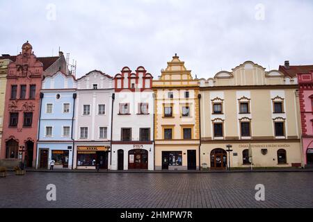 PARDUBICE, CZECH REPUBLIC - JANUARY 15, 2022: Colorful houses at Pernstynske namesti in winter Stock Photo