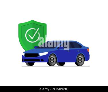 Car insurance or security banner concept. Check mark on green shield sign with automobile. Transport protection and safety advertising design. Auto vehicle guard service vector illustration Stock Vector