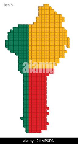 Dotted Benin map plan vector illustration graphic with small cubes in flag colors Stock Vector