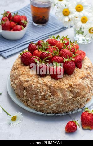 Homemade gingerbread cake garnished with fresh strawberries on a light gray background. Summer still life outdoors Stock Photo