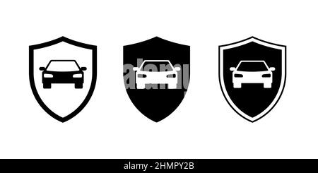 Car guard shield signs set. Vehicle insurance or auto shop store logo templates. Automobile front view black icons. Driver security system badge collection. Vector eps isolated logotypes Stock Vector
