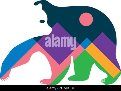 flat illustration of bear and night mountain environment Stock Vector