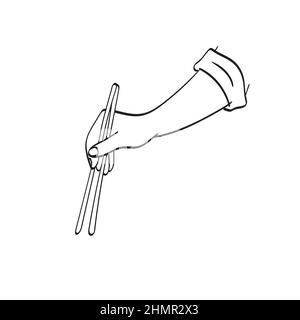 closeup hand holding chopsticks illustration vector hand drawn isolated on white background line art. Stock Vector