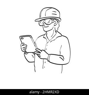 smiling young engineer in hardhat is using a tablet computer illustration vector hand drawn isolated on white background line art. Stock Vector