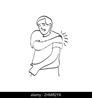 man has a pain in his arm illustration vector hand drawn isolated on white background line art. Stock Vector