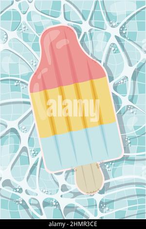 Inflatable mattress in the shape of an ice cream in the pool, pool party, beach vacation, hotel vacation with inflatable toys Stock Vector