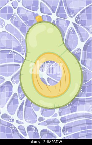 Inflatable mattress in the shape of an avocado in the pool, pool party, beach vacation, hotel vacation with inflatable toys Stock Vector