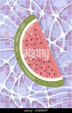 Inflatable mattress in the shape of a watermelon in the pool, pool party, beach vacation, hotel vacation with inflatable toys Stock Vector