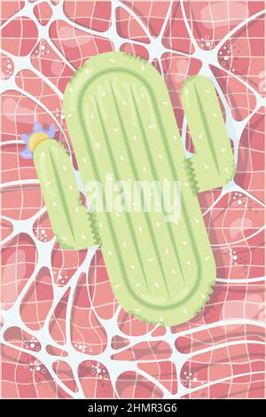 Inflatable mattress in the shape of a cactus in the pool, pool party, beach vacation, hotel vacation with inflatable toys Stock Vector