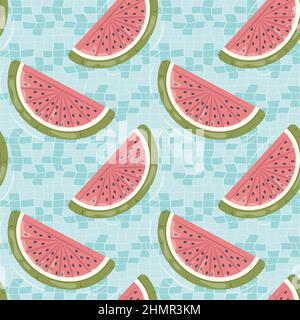 Seamless pattern with watermelon shaped inflatable mattresses for pool party, fabric background and banner Stock Vector