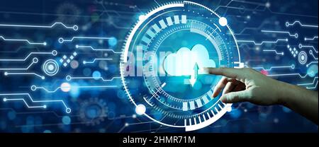 Businessman hand click on Cloud computing technology internet storage network. Blue technology background. Cloud technology and Cloud storage Concept. Stock Photo