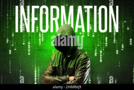 Faceless hacker with inscription Stock Photo