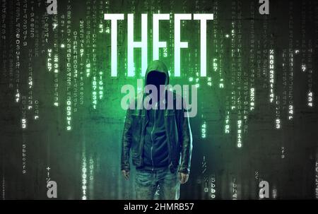 Faceless hacker with inscription Stock Photo