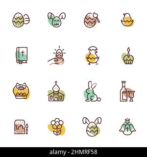 Easter icons set. Eggs, rabbits, holy bible and church. Pixel perfect, editable stroke pastel color icons Stock Vector