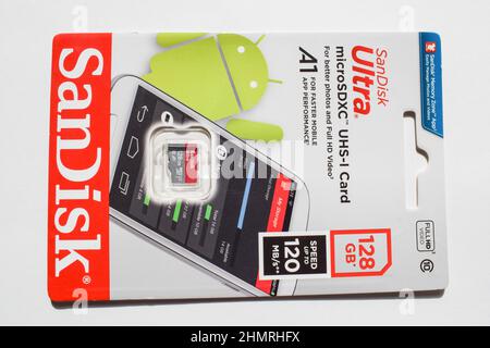 SanDisk Ultra micro sdxc Uhs- i card with 128 gb memory. Sd card for mobile phone extra storage to store photos and hd videos with full fast speed 120 Stock Photo