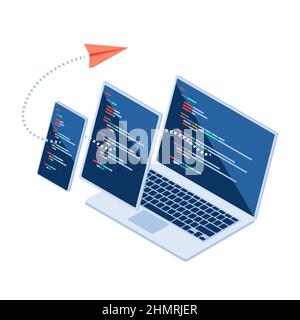 Flat 3d Isometric Paper Airplane Flying Across Laptop computer, Tablet and Smartphone. Cross Platform Development Concept. Stock Vector