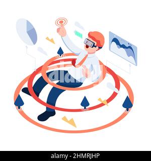 Flat 3d Isometric Businessman Playing in Virtual Reality World with VR Goggles. Metaverse and Virtual Reality Technology Concept. Stock Vector