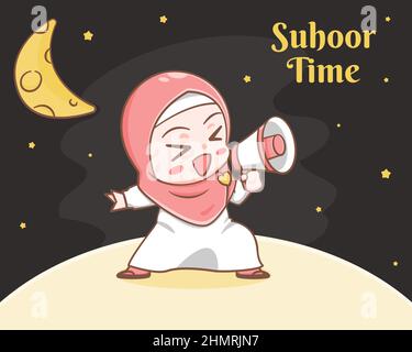 suhoor time with cute muslim girl cartoon illustration Stock Vector