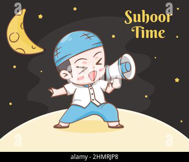 suhoor time with cute muslim boy cartoon illustration Stock Vector