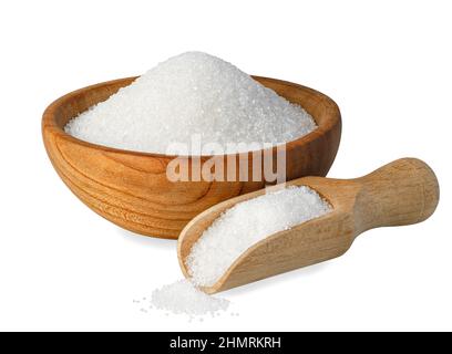sugar in wooden bowl and scoop isolated on white Stock Photo