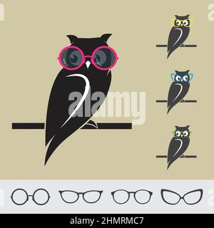 Vector images of owl and glasses on brown background. Easy editable layered vector illustration. Stock Vector