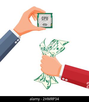 Buyer Hand with Money and Hand With Microchip. Stock Vector