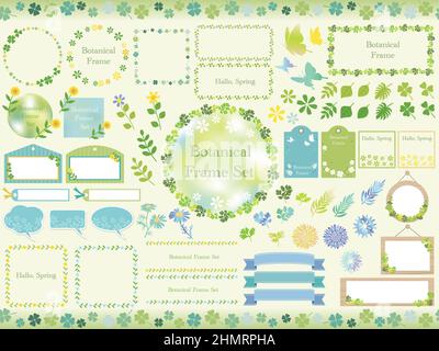 Set of botanical frames and spring graphic elements isolated on a plain background. Vector illustration. Stock Vector