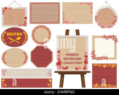 Set of wooden signboards and frames decorated with autumn plants and flowers isolated on a white background. Vector illustration. Stock Vector