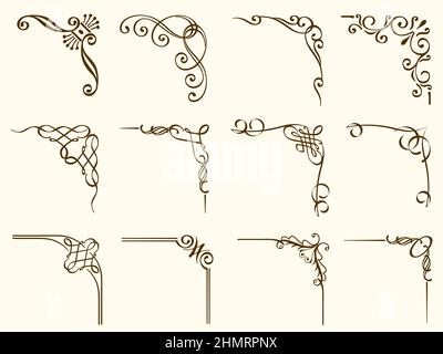 Set of vintage corner frames isolated on a plain background. Vector illustration. Stock Vector