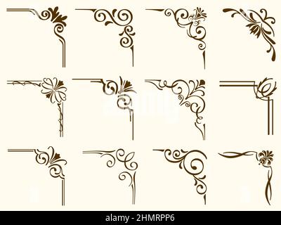 Set of vintage corner frames isolated on a plain background. Vector illustration. Stock Vector