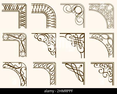 Set of vintage corner frames isolated on a plain background. Vector illustration. Stock Vector