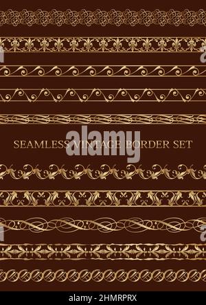 Set of seamless gold vintage borders isolated on a dark background. Vector illustration. Horizontally repeatable. Stock Vector
