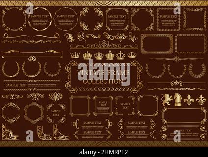 Set of gold vintage frames and borders isolated on a dark background. Vector illustration. Stock Vector